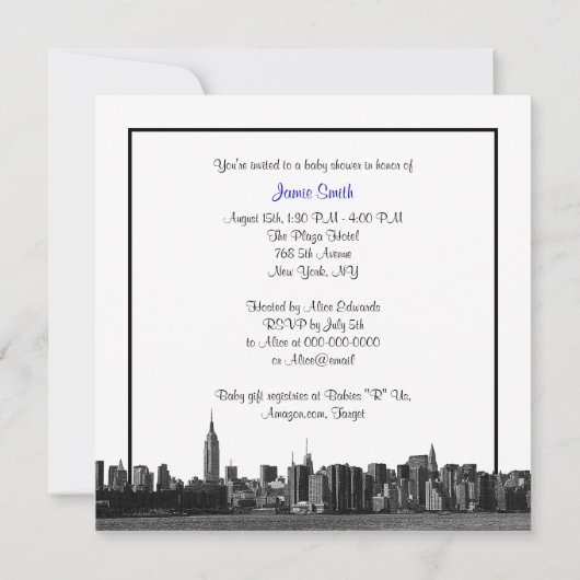 NYC Wide Skyline Etched BW Royal Bl Baby shower SQ Kaart (Achterkant)