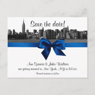 NYC Wide Skyline Etched BW Royal Blu Save the Date Aankondigingskaart