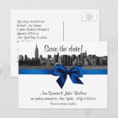 NYC Wide Skyline Etched BW Royal Blu Save the Date Aankondigingskaart (Voorkant / Achterkant)