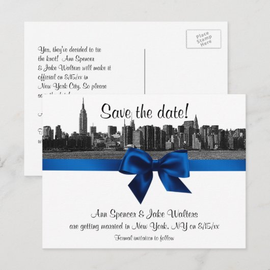 NYC Wide Skyline Etched BW Royal Blu Save the Date Aankondigingskaart (Voorkant / Achterkant)