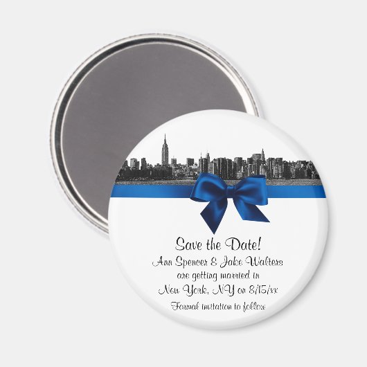 NYC Wide Skyline Etched BW Royal Blu Save the Date Magneet (Voorkant / Achterkant)