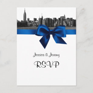 NYC Wide Skyline Etched BW Royal Blue RSVP 1 Uitnodiging Briefkaart