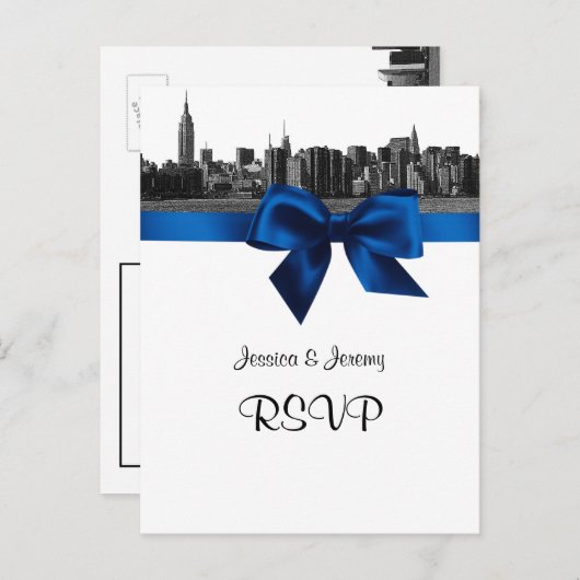 NYC Wide Skyline Etched BW Royal Blue RSVP 1 Uitnodiging Briefkaart (Voorkant / Achterkant)