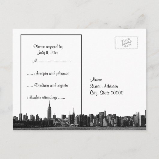 NYC Wide Skyline Etched BW Royal Blue RSVP 1 Uitnodiging Briefkaart (Achterkant)