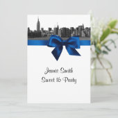 NYC Wide Skyline Etched BW Royal Blue Sweet 16 Kaart (Staand voorkant)