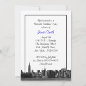 NYC Wide Skyline Etched BW Royal Blue Sweet 16 Kaart (Achterkant)