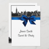 NYC Wide Skyline Etched BW Royal Blue Sweet 16 Kaart (Voorkant / Achterkant)