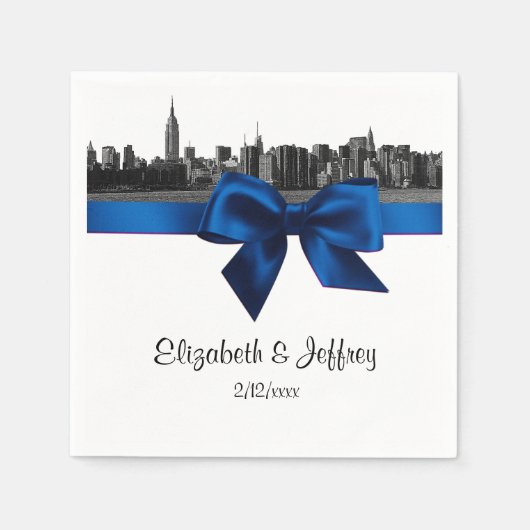 NYC Wide Skyline Etched BW Royal Blue Wedding Servetten (Voorkant)