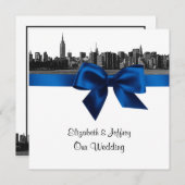 NYC Wide Skyline Etched BW Royal Blue Wedding SQ Kaart (Voorkant / Achterkant)