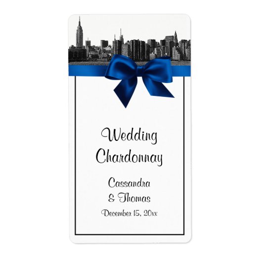 NYC Wide Skyline Etched BW Royal Blue Wine Label (Voorkant)