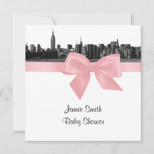 NYC Wide Skyline Etched BW Roze Baby shower SQ Kaart