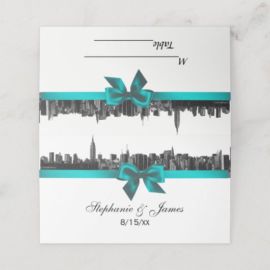 NYC Wide Skyline Etched BW TealWedding Escort Card Plaatskaartje (Buitenkant ongevouwen)