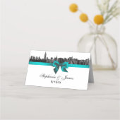 NYC Wide Skyline Etched BW TealWedding Escort Card Plaatskaartje (Voorkant)