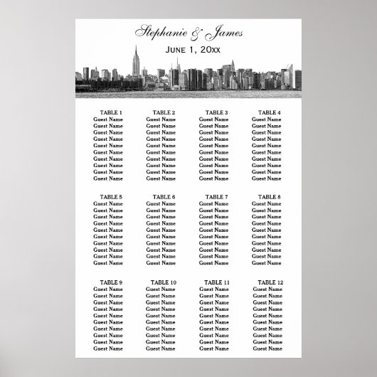 NYC Wide Skyline Etched BW Weddenschap Poster (Voorkant)