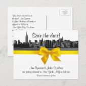NYC Wide Skyline Etched BW Yellow Save the Date Aankondigingskaart (Voorkant / Achterkant)
