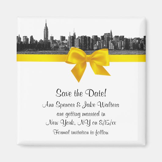 NYC Wide Skyline Etched BW Yellow Save the Date Magneet (Voorkant)