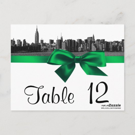 NYC Wide Skyline Ettched BW Green Table Number Briefkaart (Achterkant)