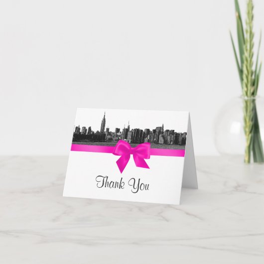NYC Wide Skyline geëtst BW Hot Pink H Dank u Bedankkaart (Voorkant)