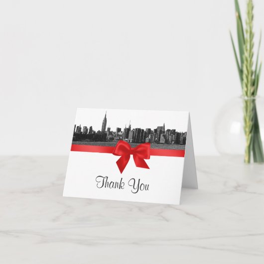 NYC Wide Skyline geëtst BW Red H Dank u Bedankkaart (Voorkant)
