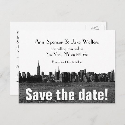 NYC Wide Skyline Geëtst Sla de datum op Aankondigingskaart (Voorkant / Achterkant)