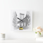 Nyc Yellow Taxi Brooklyn Bridge Pop Art Afbeelding Vierkante Klok (Huis)