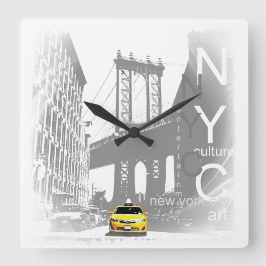 Nyc Yellow Taxi Brooklyn Bridge Pop Art Afbeelding Vierkante Klok (Voorkant)