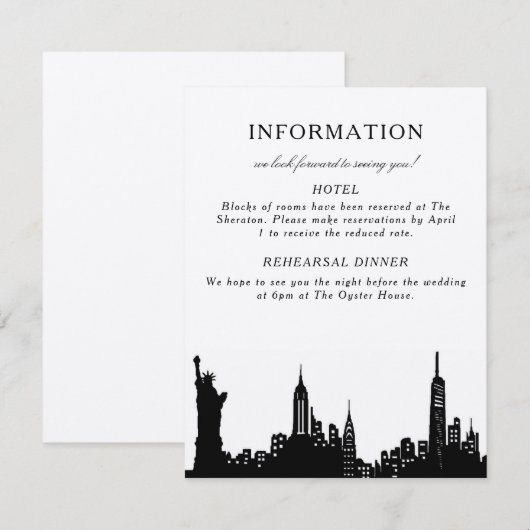 NYC zwarte en witte informatiekaart RSVP Kaartje (Voorkant / Achterkant)