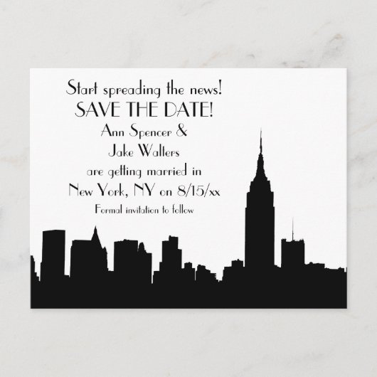 NYC Zwarte Silhouet Skyline Bewaar de Datum Aankondigingskaart (Voorkant)