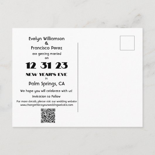 NYE 2023 123123 Bruiloft Save the Date Briefkaart (Achterkant)