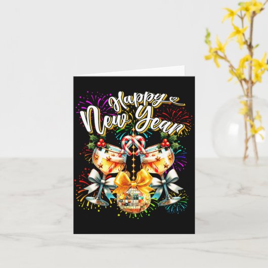 Nye Champagne Disco Coquette Bow New Year Firework Kaart (Gele Bloem)