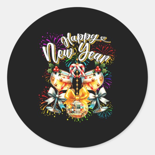 Nye Champagne Disco Coquette Bow New Year Firework Ronde Sticker (Voorkant)