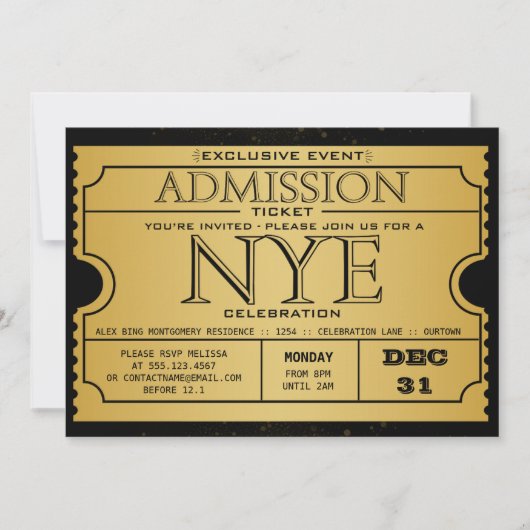 NYE Goud Zwart Modern Ticket Party Kaart (Voorkant)