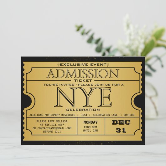 NYE Goud Zwart Modern Ticket Party Kaart (Staand voorkant)