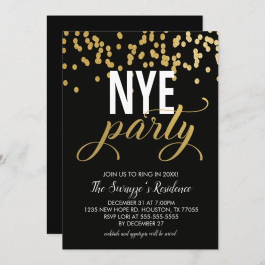NYE Party Invitation | Zwarte en goudConfetti Kaart (Voorkant / Achterkant)