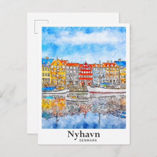 Nyhavn Denemarken Waterverf Hand getekend Briefkaart (Voorkant / Achterkant)