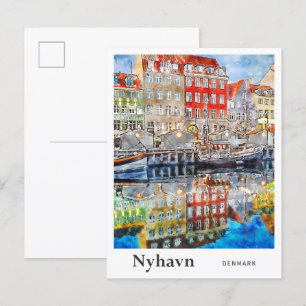 Nyhavn Denmark Travel Waterverf Hand getekend Briefkaart