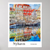 Nyhavn Denmark Travel Waterverf Hand getekend Poster (Voorkant)