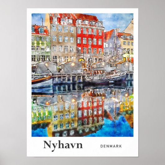 Nyhavn Denmark Travel Waterverf Hand getekend Poster (Voorkant)