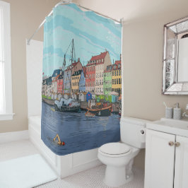 Nyhavn Kopenhagen Denmark Whimsical llustration Douchegordijn