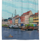Nyhavn Kopenhagen Denmark Whimsical llustration Douchegordijn (Voorkant)