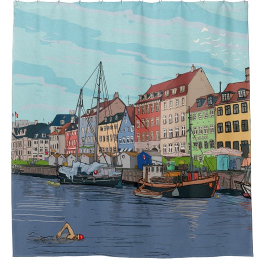 Nyhavn Kopenhagen Denmark Whimsical llustration Douchegordijn (Voorkant)