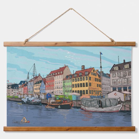 Nyhavn Kopenhagen Denmark Whimsical llustration Hangend Wandkleed (Voorkant)