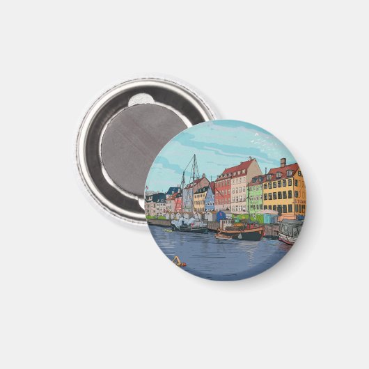 Nyhavn Kopenhagen Denmark Whimsical llustration Magneet (Voorkant / Achterkant)