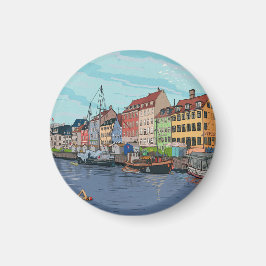 Nyhavn Kopenhagen Denmark Whimsical llustration Magneet
