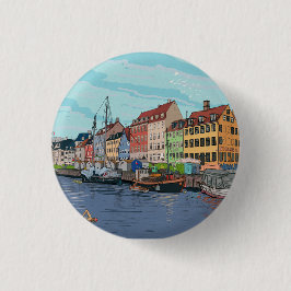 Nyhavn Kopenhagen Denmark Whimsical llustration Ronde Button 3,2 Cm
