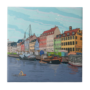 Nyhavn Kopenhagen Denmark Whimsical llustration Tegeltje