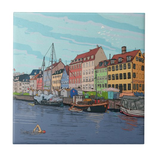 Nyhavn Kopenhagen Denmark Whimsical llustration Tegeltje (Voorkant)