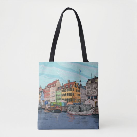 Nyhavn Kopenhagen Denmark Whimsical llustration Tote Bag (Voorkant)