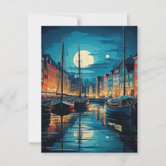Nyhavn Kopenhagen Maanlicht Kanaal Nacht Briefkaart