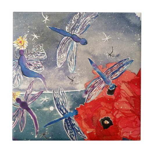 Nymferen en Dragonfly Waterverf Schilderen Tegeltje (Voorkant)